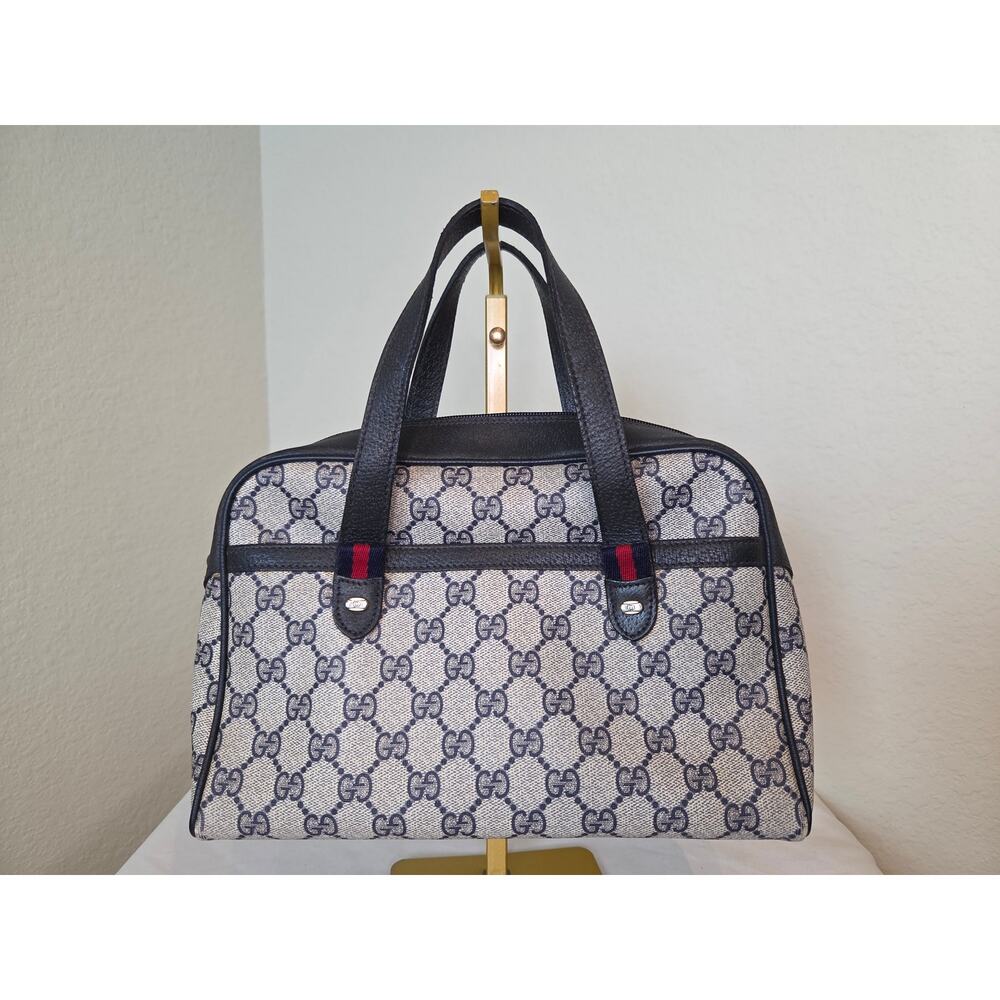 Gucci GG Supreme Boston Bag Navy White Monogram Web Stripe Top Handle Vintage